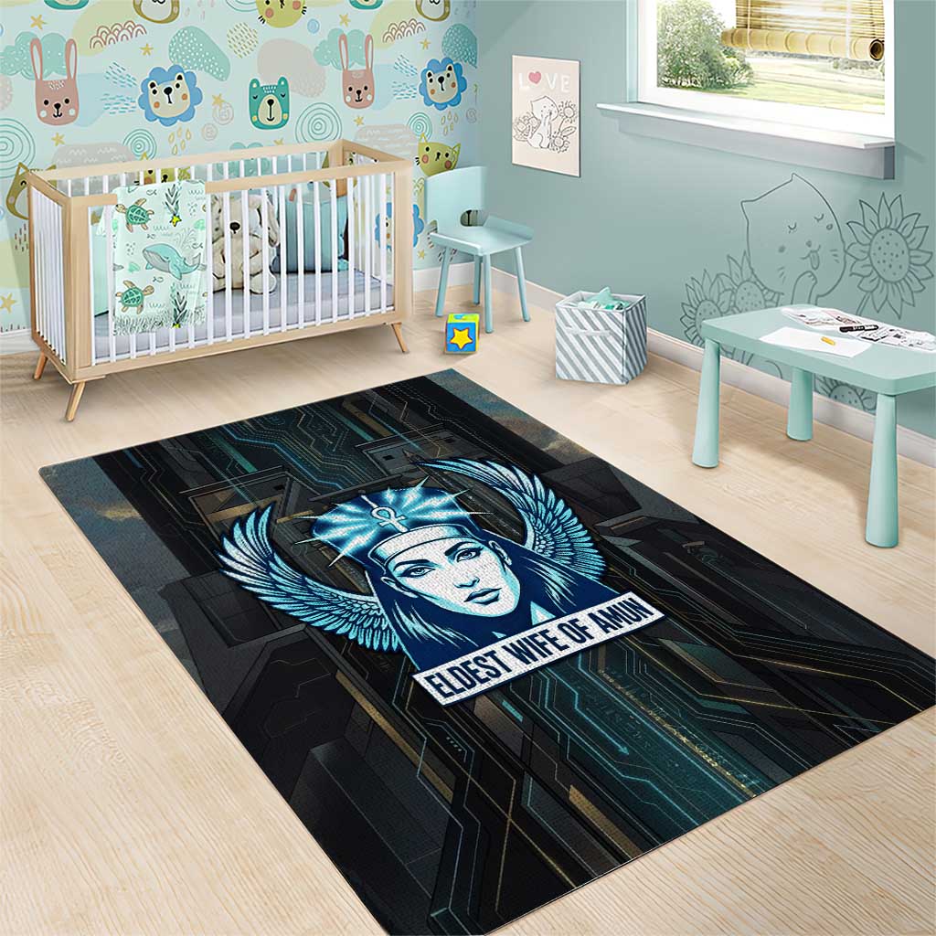 Wosret Winged Crown Area Rug Egyptian Cyber Circuit Design in Futuristic Blue Theme