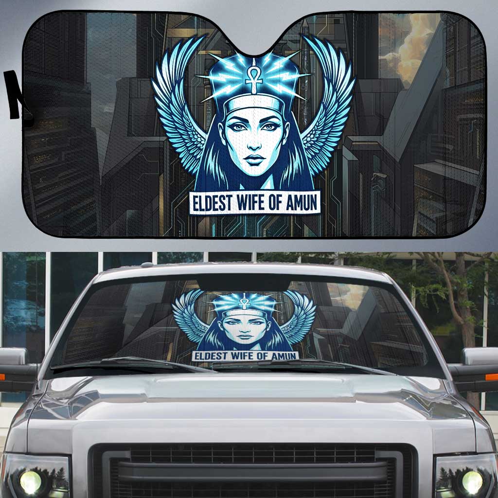 Wosret Winged Crown Auto Sun Shade Egyptian Cyber Circuit Design in Futuristic Blue Theme