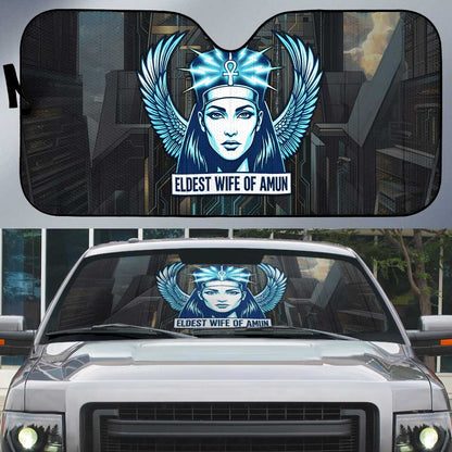 Wosret Winged Crown Auto Sun Shade Egyptian Cyber Circuit Design in Futuristic Blue Theme