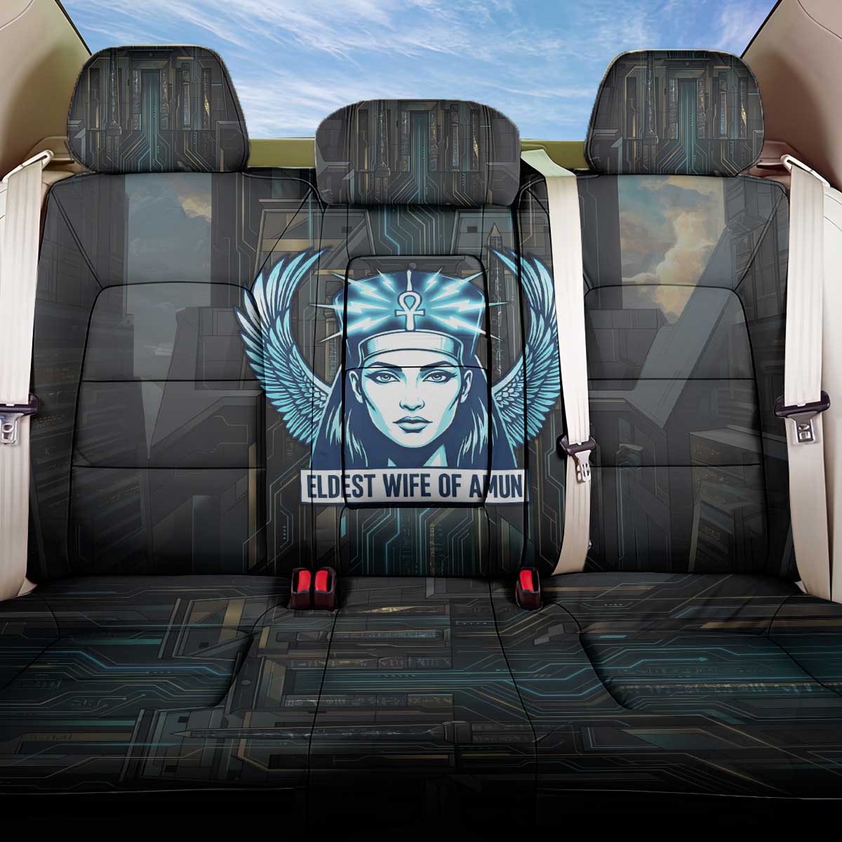 Wosret Winged Crown Back Car Seat Cover Egyptian Cyber Circuit Design in Futuristic Blue Theme