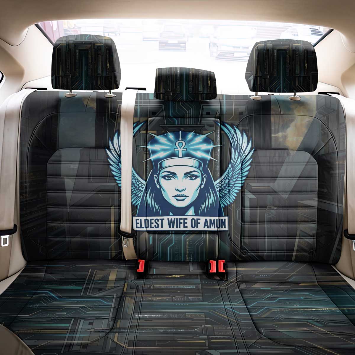 Wosret Winged Crown Back Car Seat Cover Egyptian Cyber Circuit Design in Futuristic Blue Theme