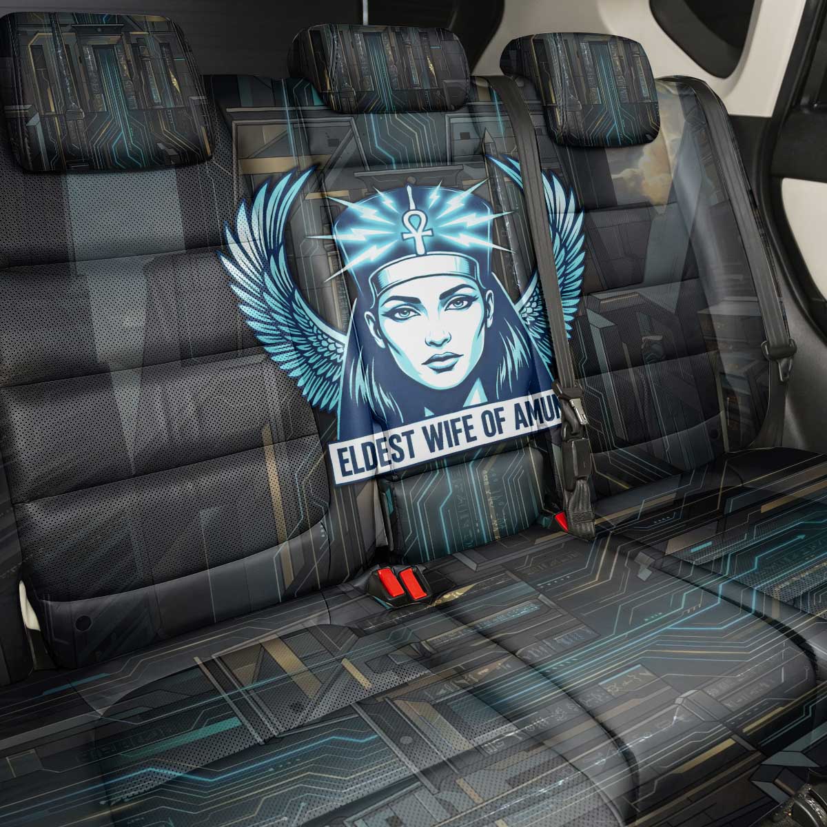 Wosret Winged Crown Back Car Seat Cover Egyptian Cyber Circuit Design in Futuristic Blue Theme
