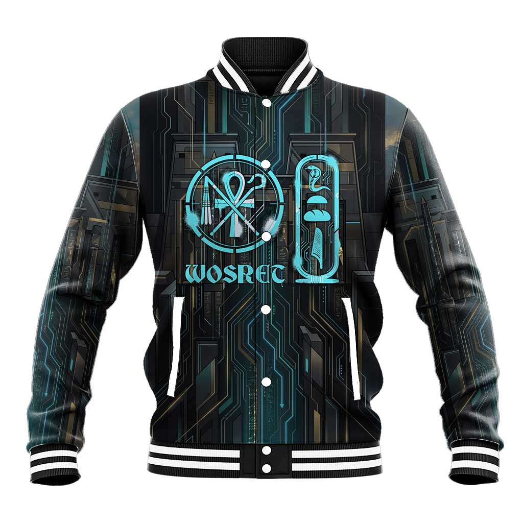 Wosret Winged Crown Baseball Jacket Egyptian Cyber Circuit Design in Futuristic Blue Theme