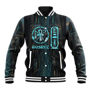 Wosret Winged Crown Baseball Jacket Egyptian Cyber Circuit Design in Futuristic Blue Theme