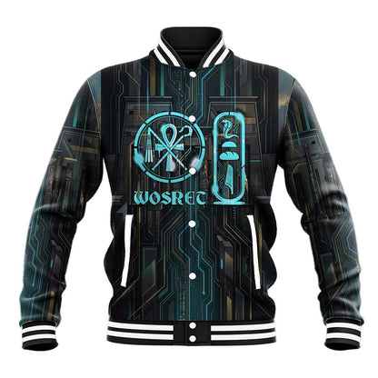 Wosret Winged Crown Baseball Jacket Egyptian Cyber Circuit Design in Futuristic Blue Theme