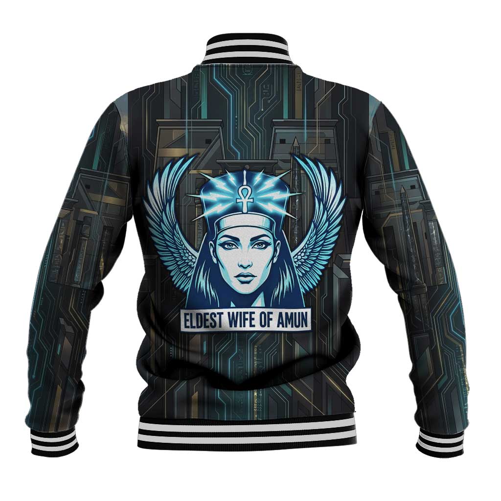Wosret Winged Crown Baseball Jacket Egyptian Cyber Circuit Design in Futuristic Blue Theme