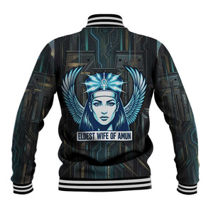 Wosret Winged Crown Baseball Jacket Egyptian Cyber Circuit Design in Futuristic Blue Theme