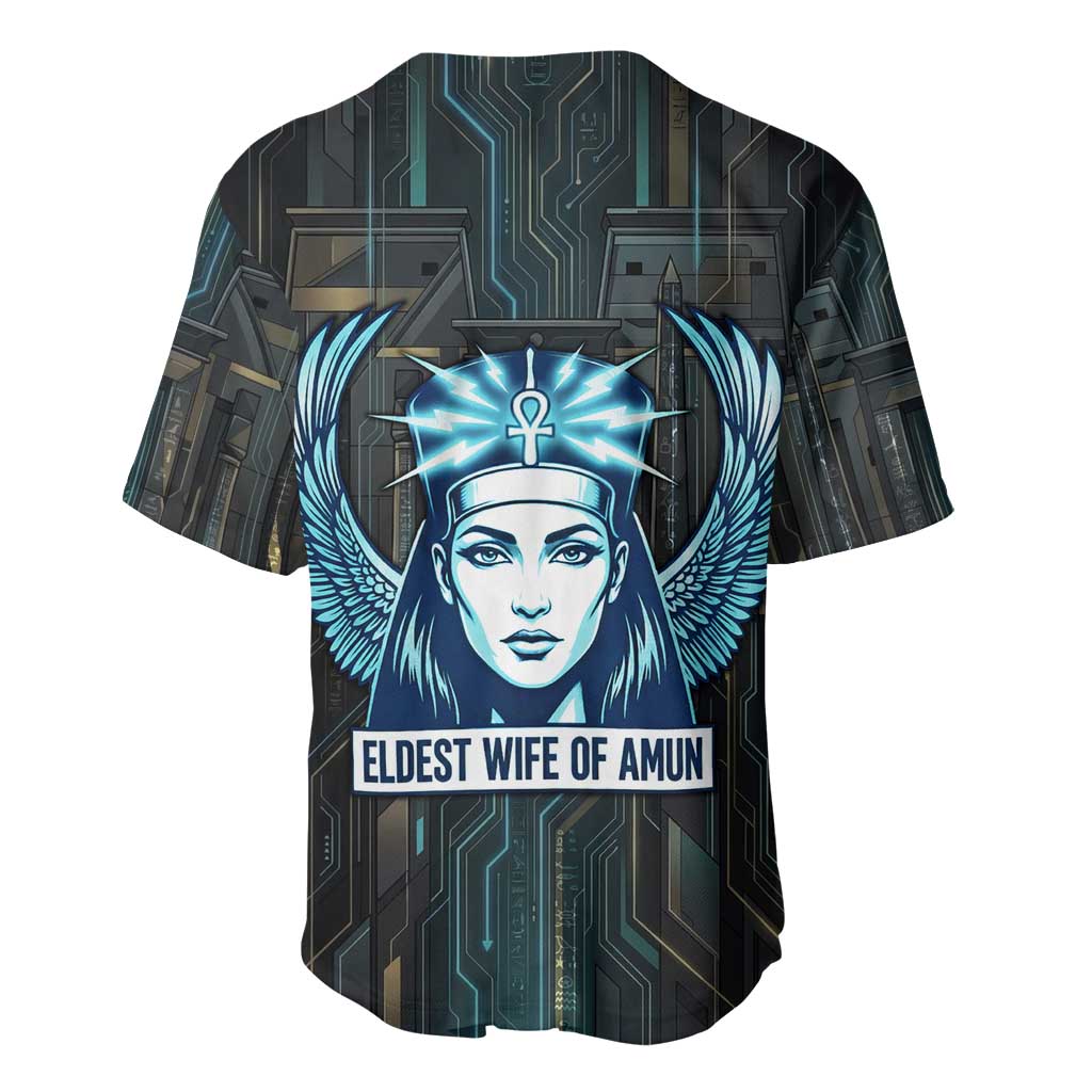 Wosret Winged Crown Baseball Jersey Egyptian Cyber Circuit Design in Futuristic Blue Theme
