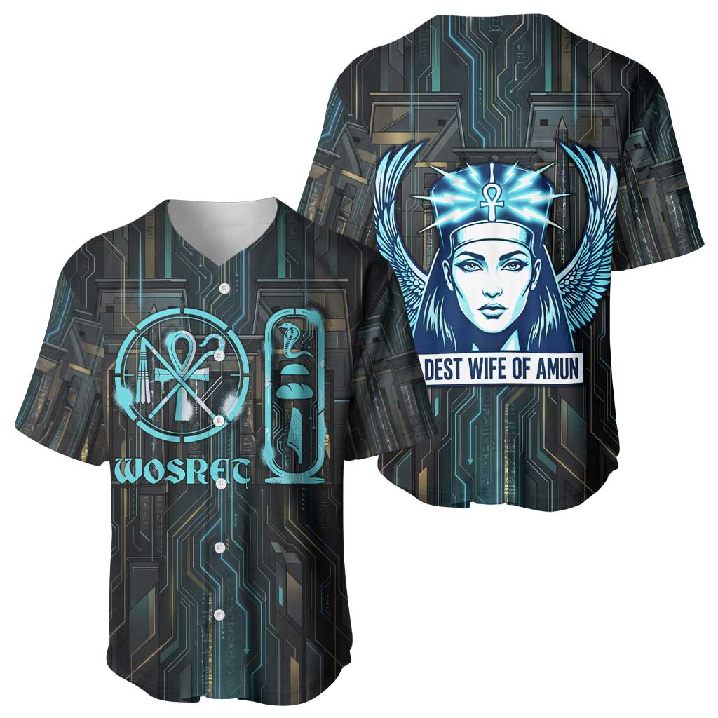 Wosret Winged Crown Baseball Jersey Egyptian Cyber Circuit Design in Futuristic Blue Theme