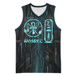 Wosret Winged Crown Basketball Jersey Egyptian Cyber Circuit Design in Futuristic Blue Theme