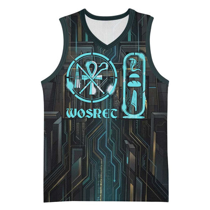 Wosret Winged Crown Basketball Jersey Egyptian Cyber Circuit Design in Futuristic Blue Theme