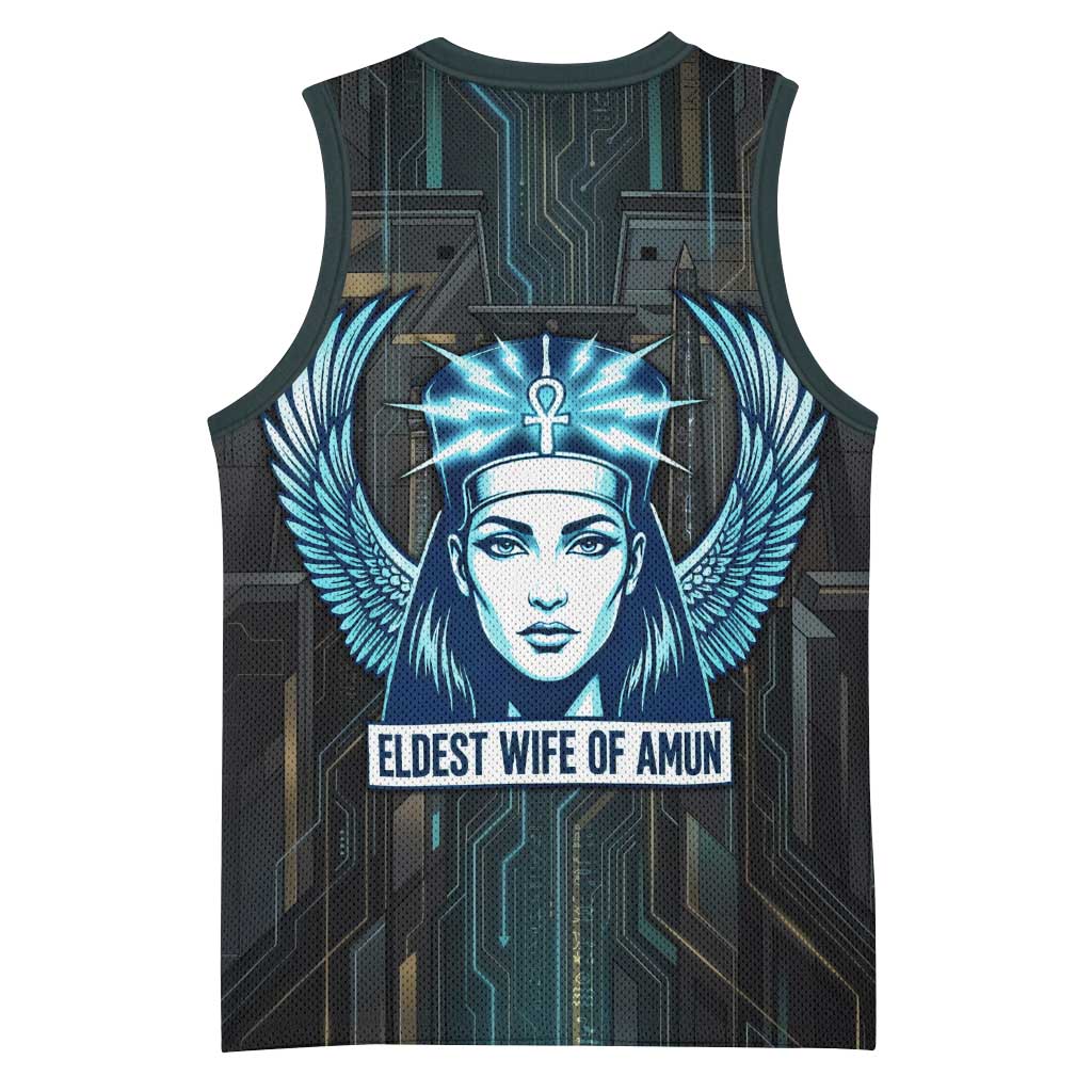 Wosret Winged Crown Basketball Jersey Egyptian Cyber Circuit Design in Futuristic Blue Theme