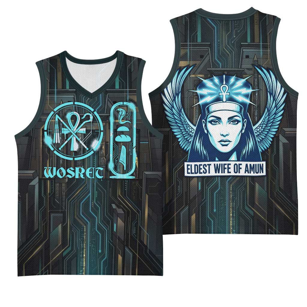 Wosret Winged Crown Basketball Jersey Egyptian Cyber Circuit Design in Futuristic Blue Theme