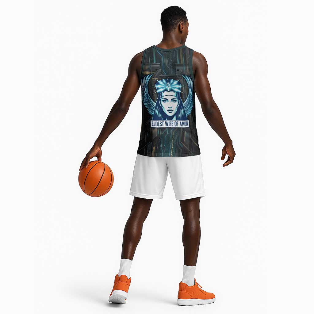Wosret Winged Crown Basketball Jersey Egyptian Cyber Circuit Design in Futuristic Blue Theme