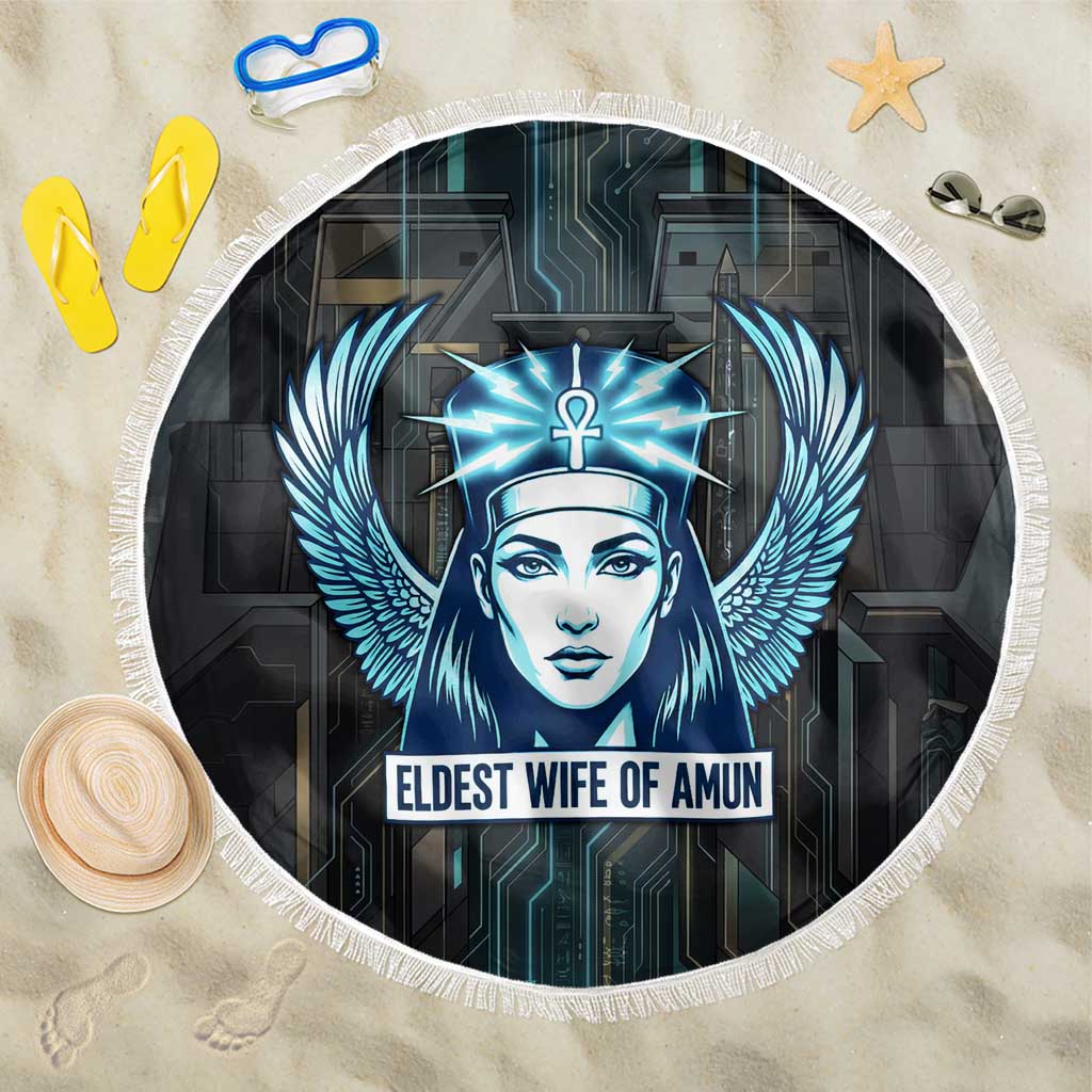 Wosret Winged Crown Beach Blanket Egyptian Cyber Circuit Design in Futuristic Blue Theme