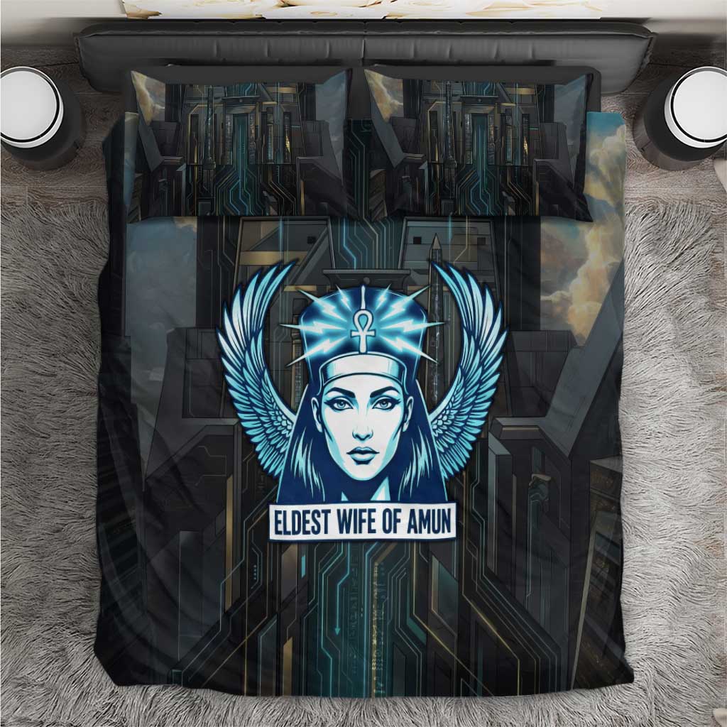 Wosret Winged Crown Bedding Set Egyptian Cyber Circuit Design in Futuristic Blue Theme