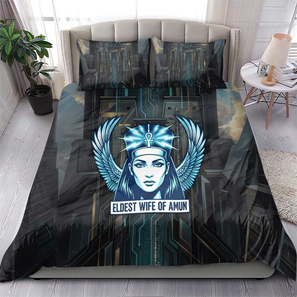 Wosret Winged Crown Bedding Set Egyptian Cyber Circuit Design in Futuristic Blue Theme