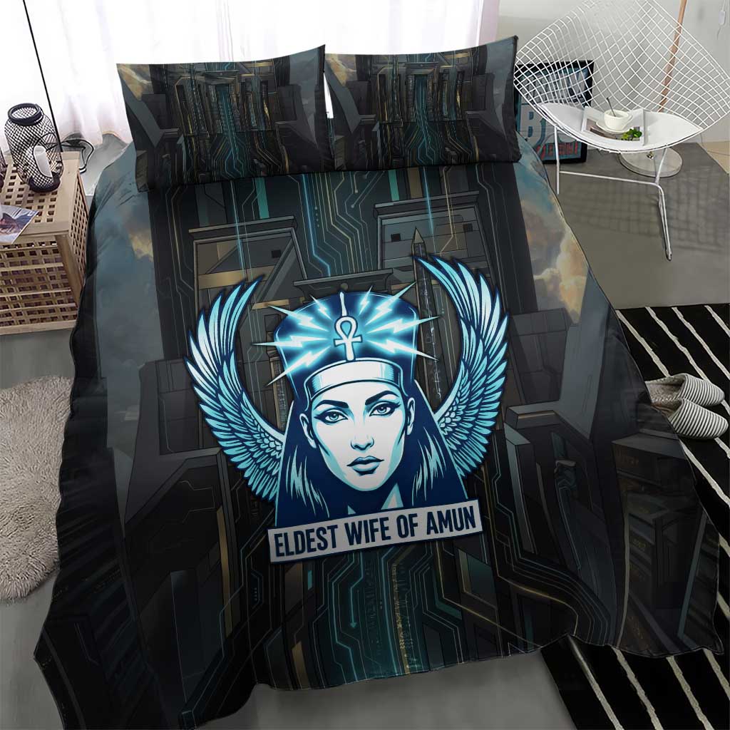 Wosret Winged Crown Bedding Set Egyptian Cyber Circuit Design in Futuristic Blue Theme