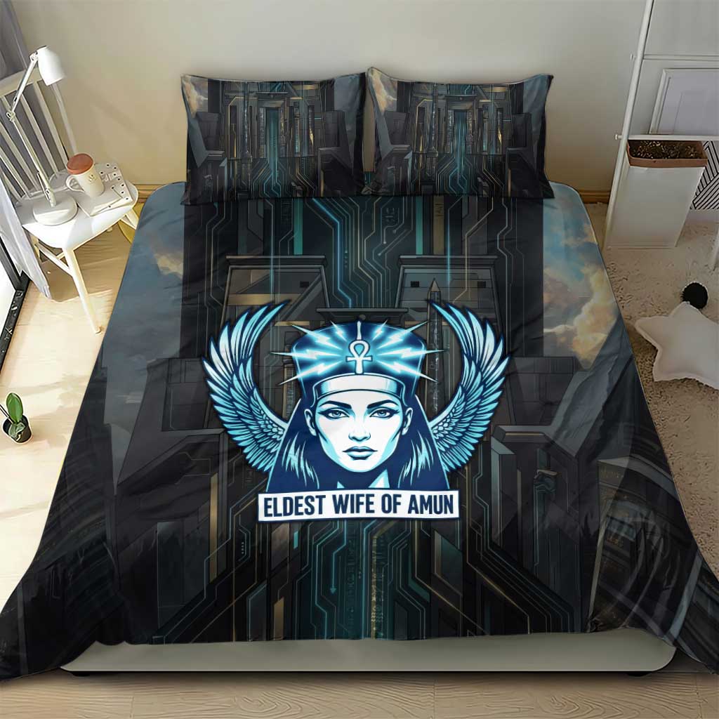 Wosret Winged Crown Bedding Set Egyptian Cyber Circuit Design in Futuristic Blue Theme