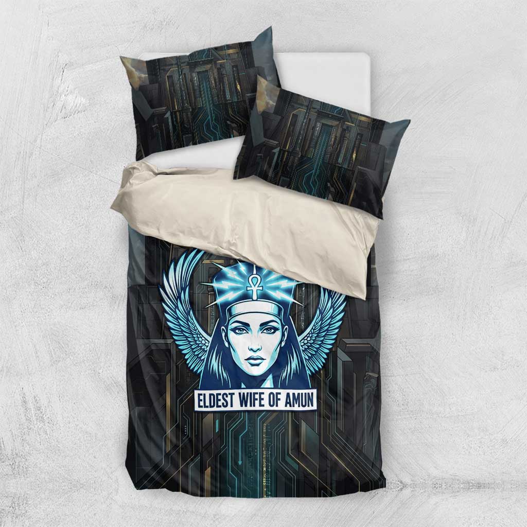 Wosret Winged Crown Bedding Set Egyptian Cyber Circuit Design in Futuristic Blue Theme