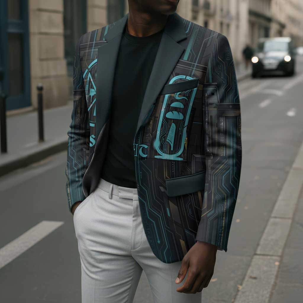 Wosret Winged Crown Blazer Egyptian Cyber Circuit Design in Futuristic Blue Theme
