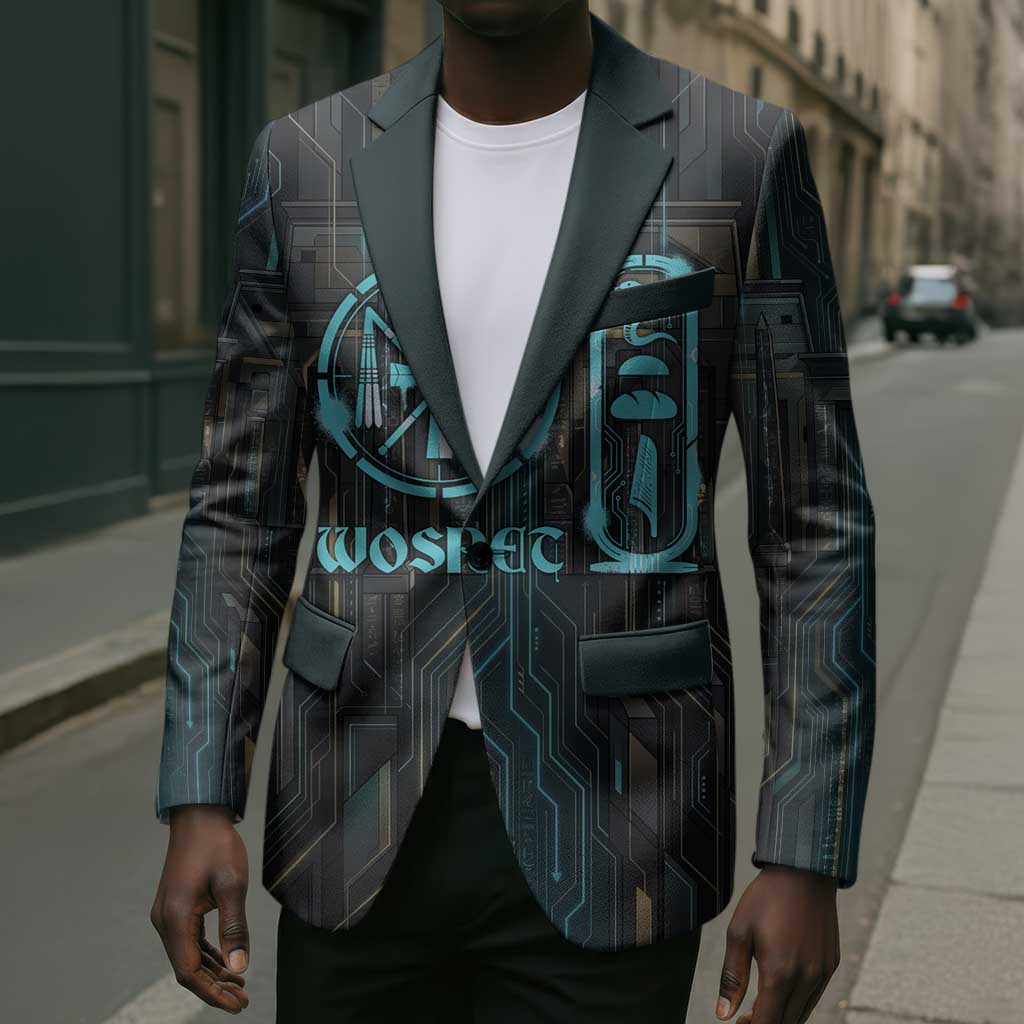 Wosret Winged Crown Blazer Egyptian Cyber Circuit Design in Futuristic Blue Theme