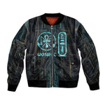 Wosret Winged Crown Bomber Jacket Egyptian Cyber Circuit Design in Futuristic Blue Theme