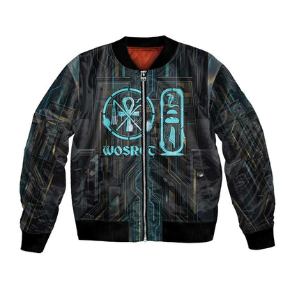 Wosret Winged Crown Bomber Jacket Egyptian Cyber Circuit Design in Futuristic Blue Theme