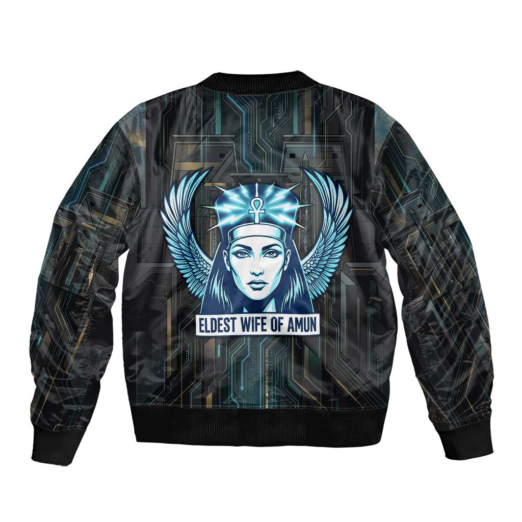 Wosret Winged Crown Bomber Jacket Egyptian Cyber Circuit Design in Futuristic Blue Theme