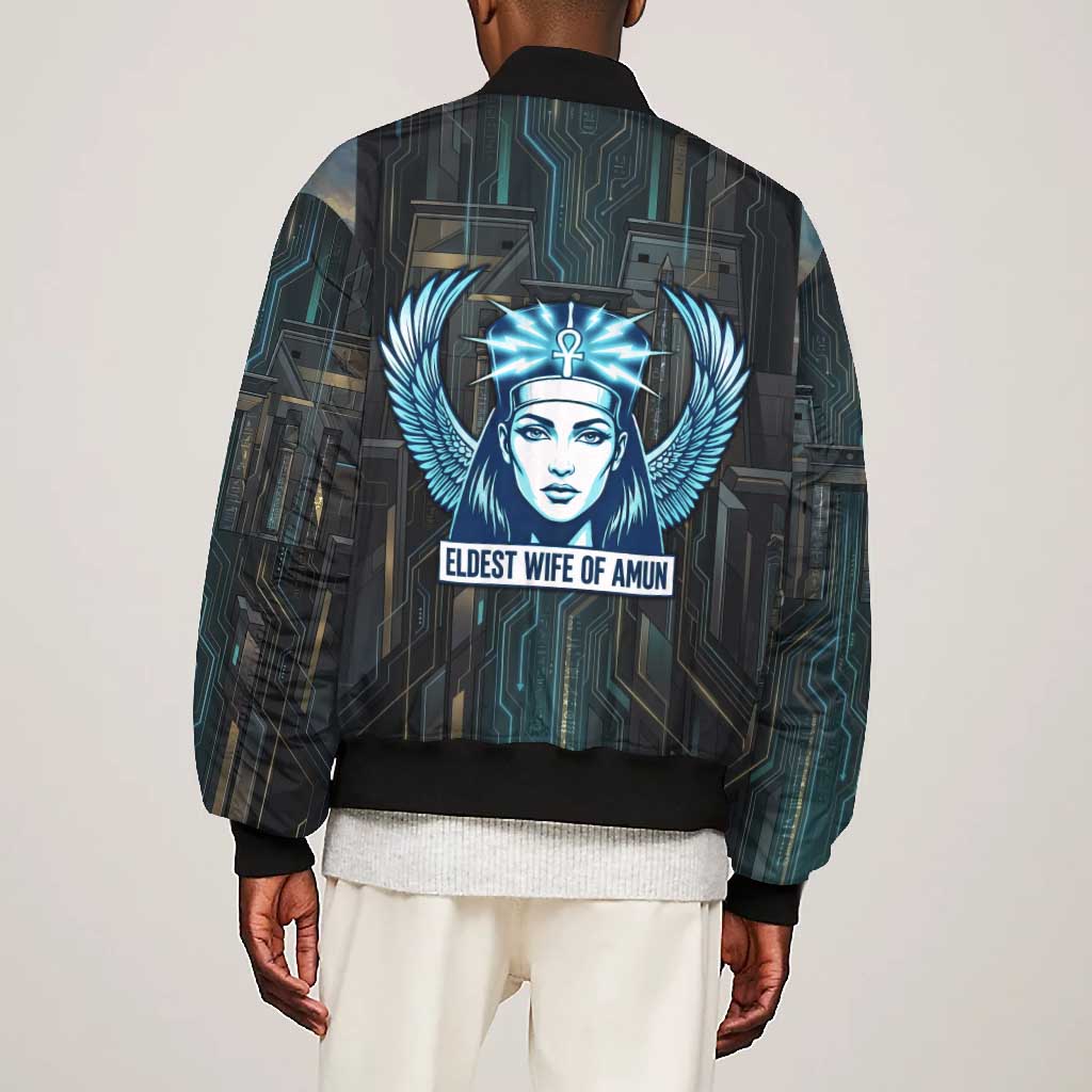 Wosret Winged Crown Bomber Jacket Egyptian Cyber Circuit Design in Futuristic Blue Theme
