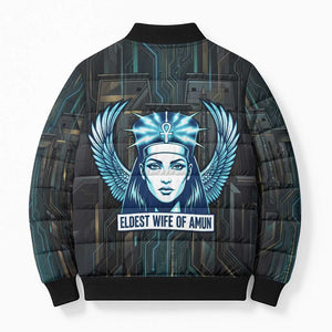 Wosret Winged Crown Bomber Puffer Jacket Egyptian Cyber Circuit Design in Futuristic Blue Theme
