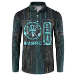 Wosret Winged Crown Button Sweatshirt Egyptian Cyber Circuit Design in Futuristic Blue Theme