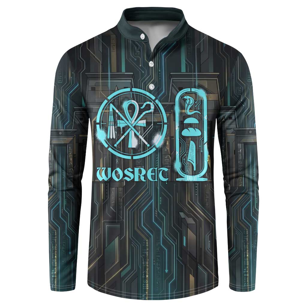 Wosret Winged Crown Button Sweatshirt Egyptian Cyber Circuit Design in Futuristic Blue Theme
