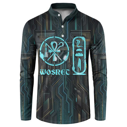 Wosret Winged Crown Button Sweatshirt Egyptian Cyber Circuit Design in Futuristic Blue Theme