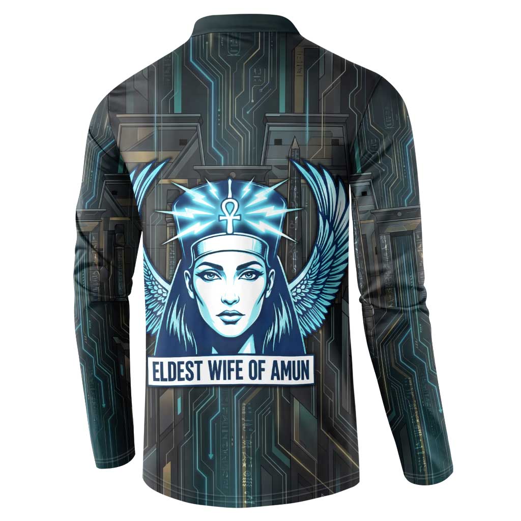 Wosret Winged Crown Button Sweatshirt Egyptian Cyber Circuit Design in Futuristic Blue Theme