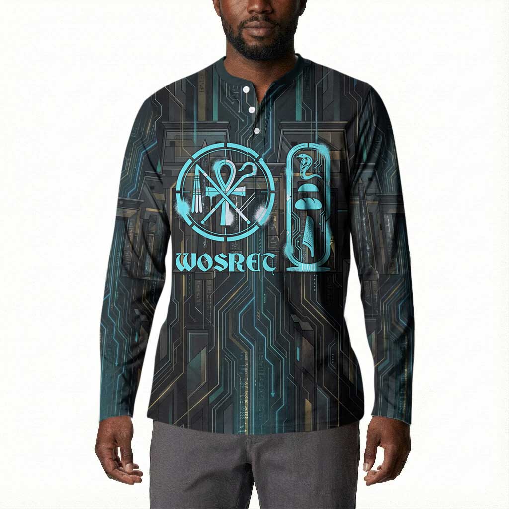 Wosret Winged Crown Button Sweatshirt Egyptian Cyber Circuit Design in Futuristic Blue Theme