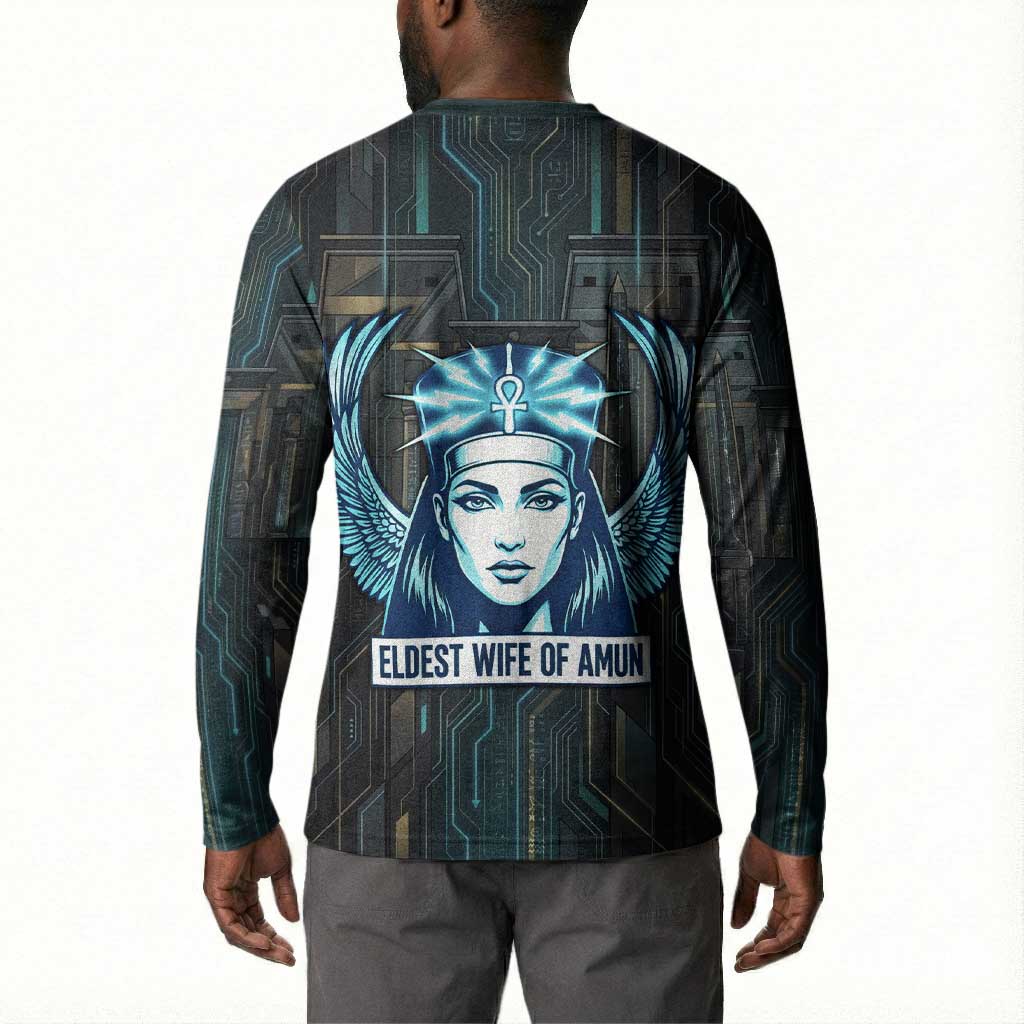 Wosret Winged Crown Button Sweatshirt Egyptian Cyber Circuit Design in Futuristic Blue Theme