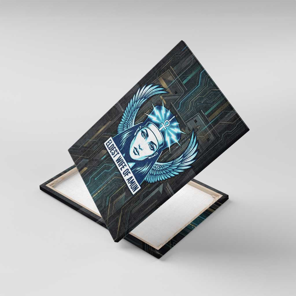 Wosret Winged Crown Canvas Wall Art Egyptian Cyber Circuit Design in Futuristic Blue Theme