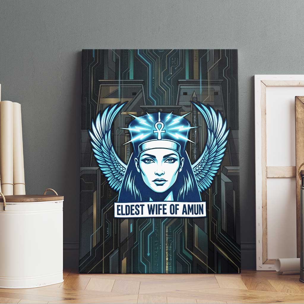 Wosret Winged Crown Canvas Wall Art Egyptian Cyber Circuit Design in Futuristic Blue Theme