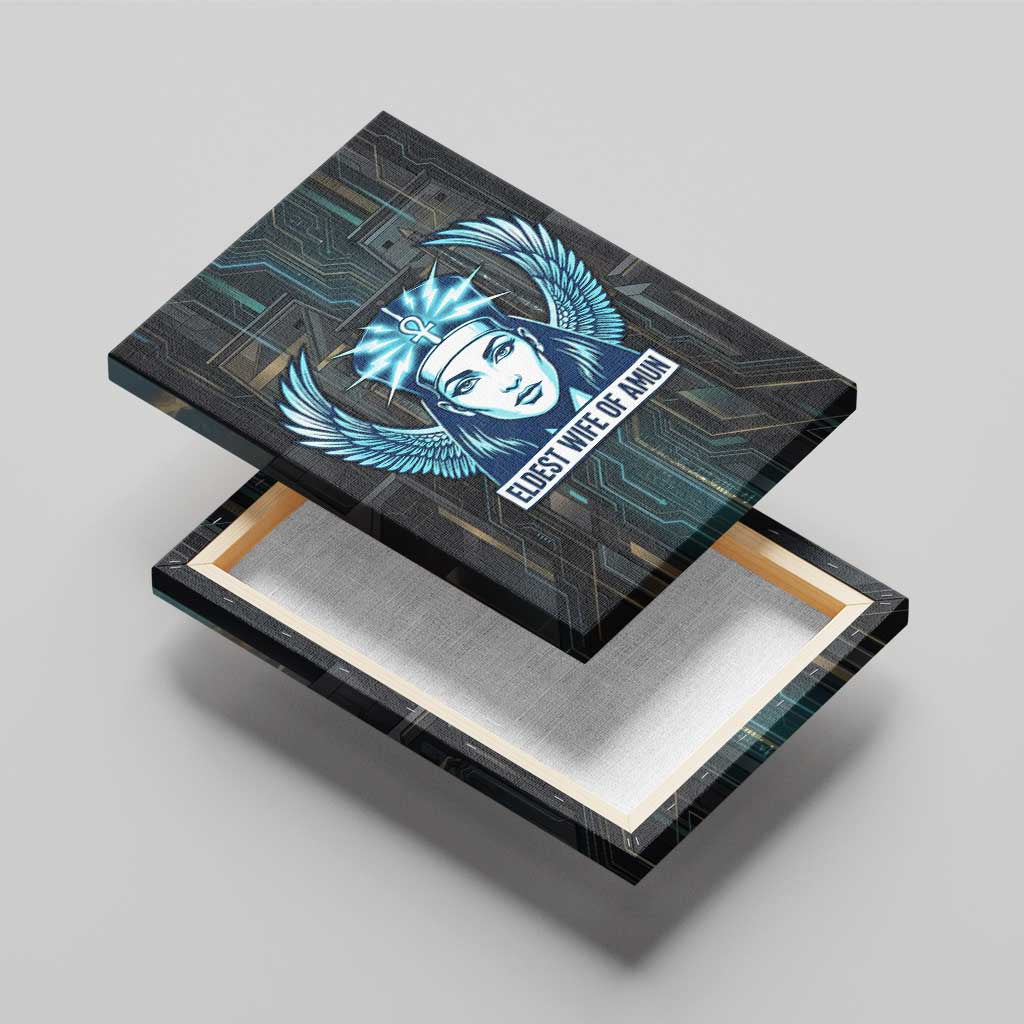 Wosret Winged Crown Canvas Wall Art Egyptian Cyber Circuit Design in Futuristic Blue Theme