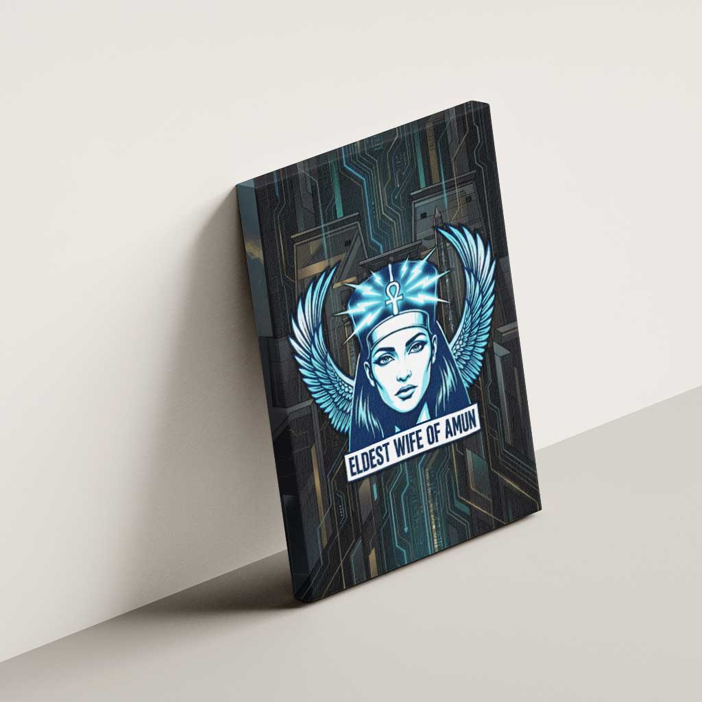 Wosret Winged Crown Canvas Wall Art Egyptian Cyber Circuit Design in Futuristic Blue Theme