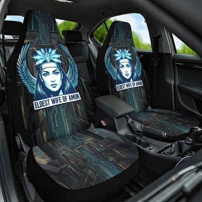 Wosret Winged Crown Car Seat Cover Egyptian Cyber Circuit Design in Futuristic Blue Theme
