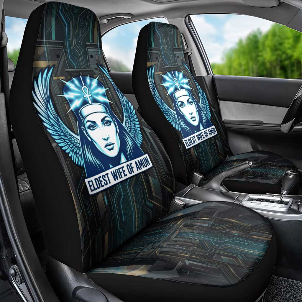 Wosret Winged Crown Car Seat Cover Egyptian Cyber Circuit Design in Futuristic Blue Theme