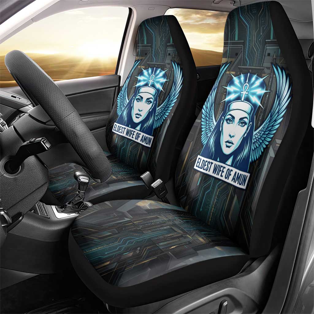 Wosret Winged Crown Car Seat Cover Egyptian Cyber Circuit Design in Futuristic Blue Theme