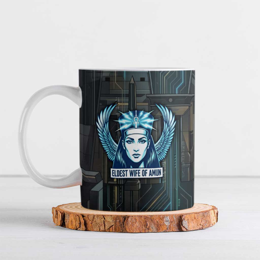 Wosret Winged Crown Ceramic Mug Egyptian Cyber Circuit Design in Futuristic Blue Theme
