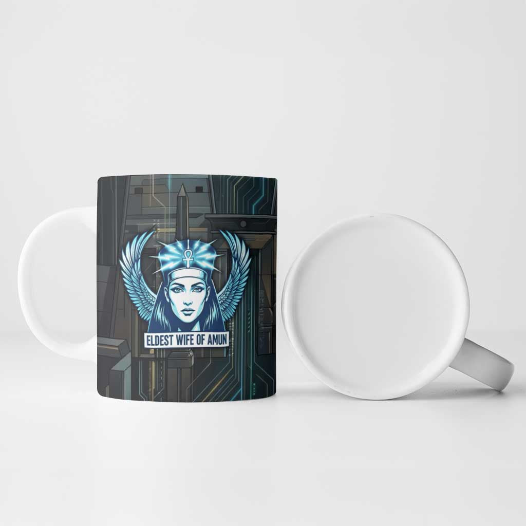 Wosret Winged Crown Ceramic Mug Egyptian Cyber Circuit Design in Futuristic Blue Theme