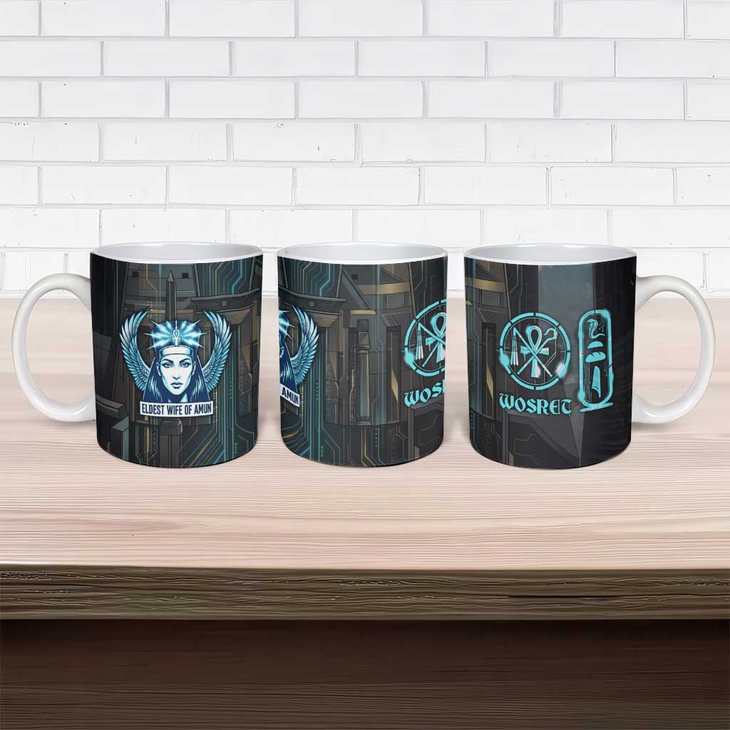 Wosret Winged Crown Ceramic Mug Egyptian Cyber Circuit Design in Futuristic Blue Theme