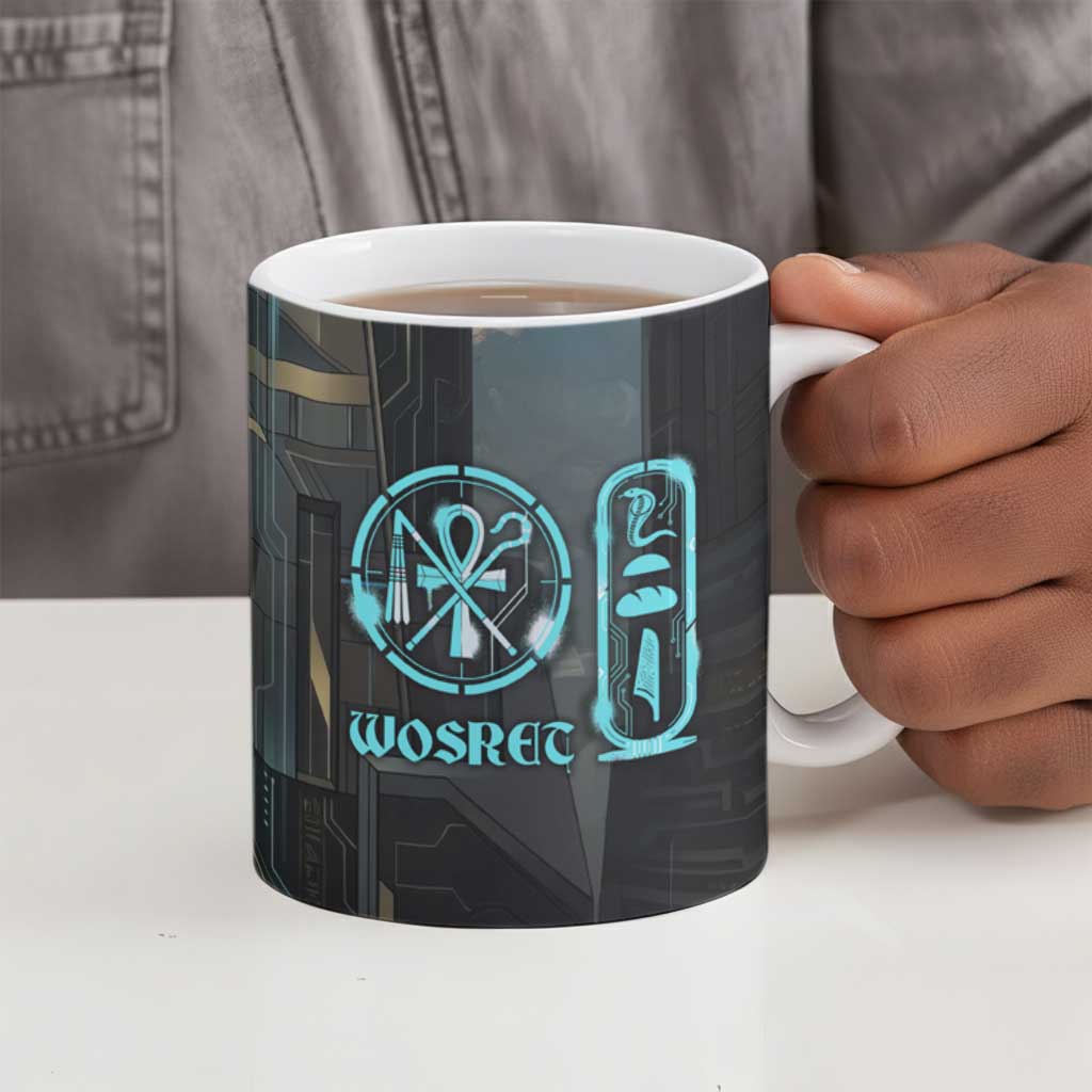 Wosret Winged Crown Ceramic Mug Egyptian Cyber Circuit Design in Futuristic Blue Theme
