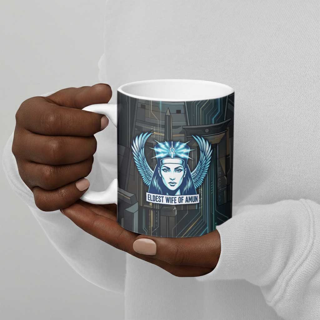 Wosret Winged Crown Ceramic Mug Egyptian Cyber Circuit Design in Futuristic Blue Theme