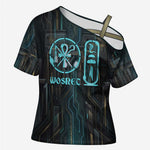 Wosret Winged Crown Cross Shoulder Shirt Egyptian Cyber Circuit Design in Futuristic Blue Theme